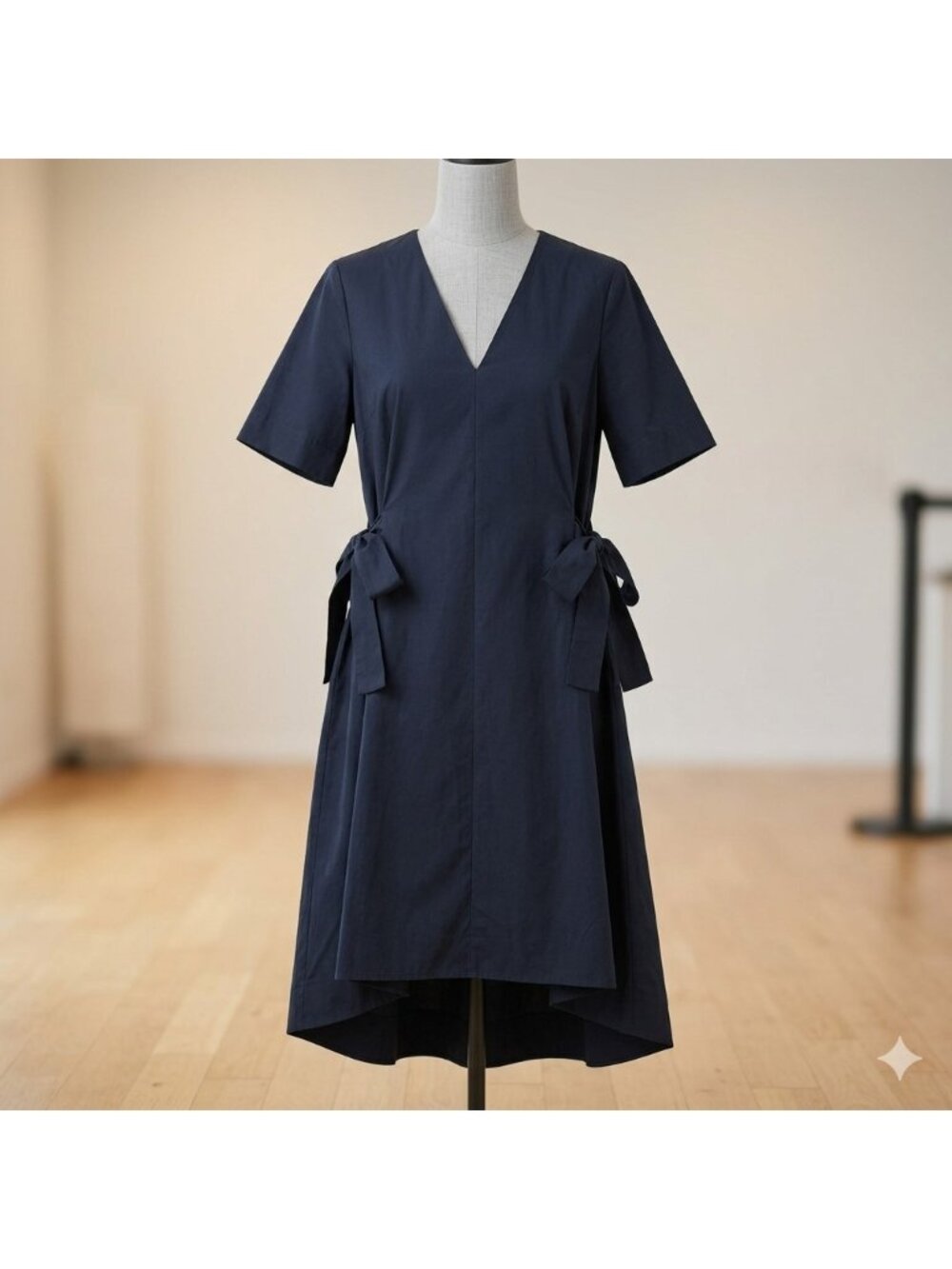 COS Poplin Cotton Dress Women 4 Navy V Neck SS Side Ties High Low Hem Minimalist - Picture 2 of 16